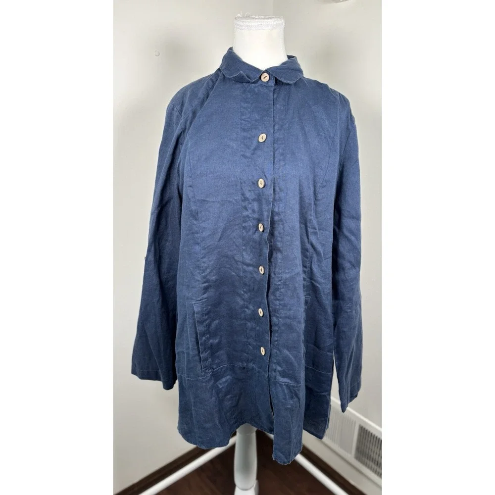 Soft Surroundings Island Breeze Linen Tunic Size L Relaxed Long Slv Pockets Blue - Picture 9 of 9